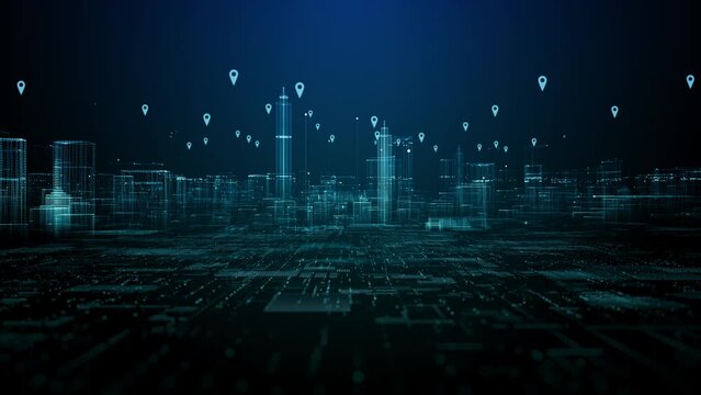 Cityscape location icons of GPS navigation, High speed internet connection and big data analysis, Technology digital data network connection background motion 4k