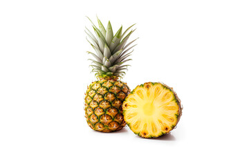 Fresh ripe whole and sliced pineapples isolated on white background. Created with Generative AI Technology