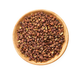 top view flat lay Sichuan peppercorn pepper spice seed in wood bowl isolated on white background. pile of Sichuan peppercorn pepper spice seed. Sichuan peppercorn pepper spice seed overhead