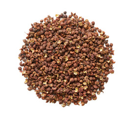 top view flat lay Sichuan peppercorn pepper spice seed isolated on white background. pile of Sichuan peppercorn pepper spice seed. Sichuan peppercorn pepper spice seed overhead