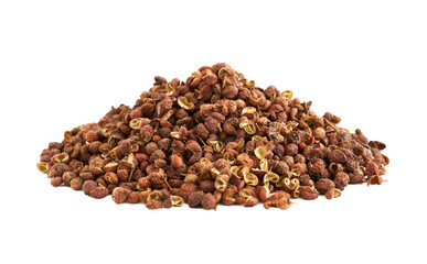 Sichuan peppercorn pepper spice seed isolated on white background. pile of Sichuan peppercorn...