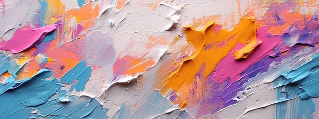 Closeup of abstract rough colorful multicolored art painting texture, with oil brushstroke, pallet knife paint on canvas (Generative Ai)