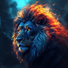 A lion with a fire on his face