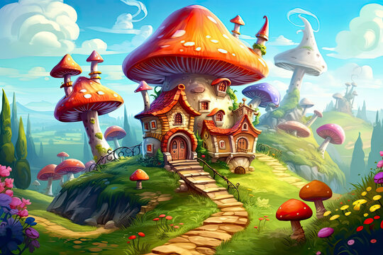 fantastic wonderland landscape with mushrooms, beautiful old castle.AI Generative
