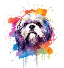 A dog with a colorful background that says shih tzu on it.