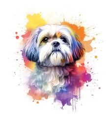 A dog with a colorful background that says shih tzu on it.