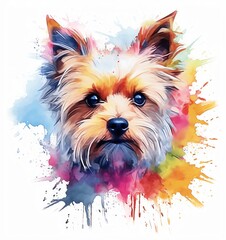 A dog portrait of a yorkshire terrier with a colored background.