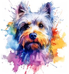 A dog portrait of a yorkshire terrier with a colored background.