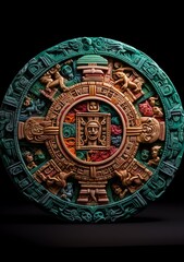 Fototapeta premium A green and brown mayan wheel with a symbol in the middle.