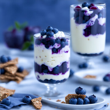 Healthy breakfast with Homemade granola. Muesli, fresh blueberry and yogurt parfait in glass jar