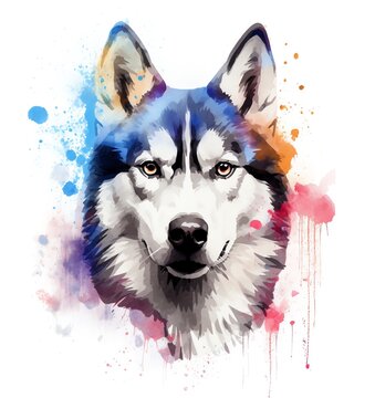 A colorful portrait of a husky with a white face and blue eyes.