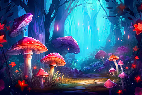 fantastic wonderland landscape with mushrooms, beautiful old castle.AI Generative