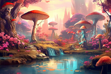fantastic wonderland landscape with mushrooms, beautiful old castle.AI Generative