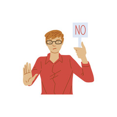 Man in glasses put palm forward flat style, vector illustration