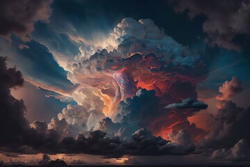 Fototapeta premium Light in the Dark and Dramatic Storm Clouds. Dramatic sky at the sunset. Generative AI