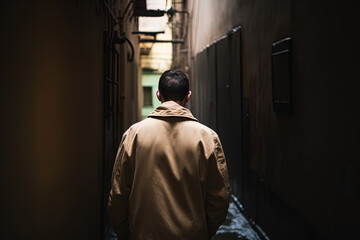 back view of a man walking down a narrow alleyway