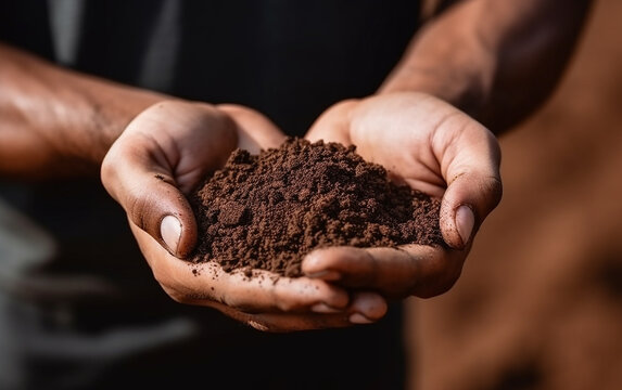 Farmer holding soil in hands close-up. Male hands touching soil on the field. Agriculture, gardening or ecology concept. Generative AI