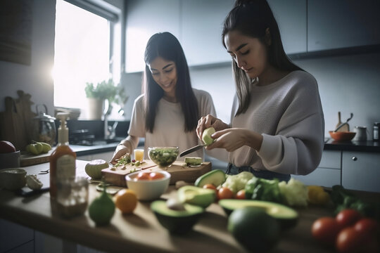 two women are preparing food together in the kitchen, generative ai