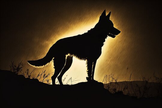Howling wolf silhouette. Black dog howling. Generative AI