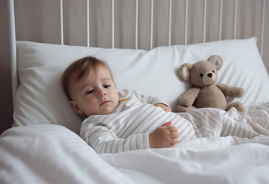 A toddler in white pajamas playing in bed in the morning with teddy bear, generative ai