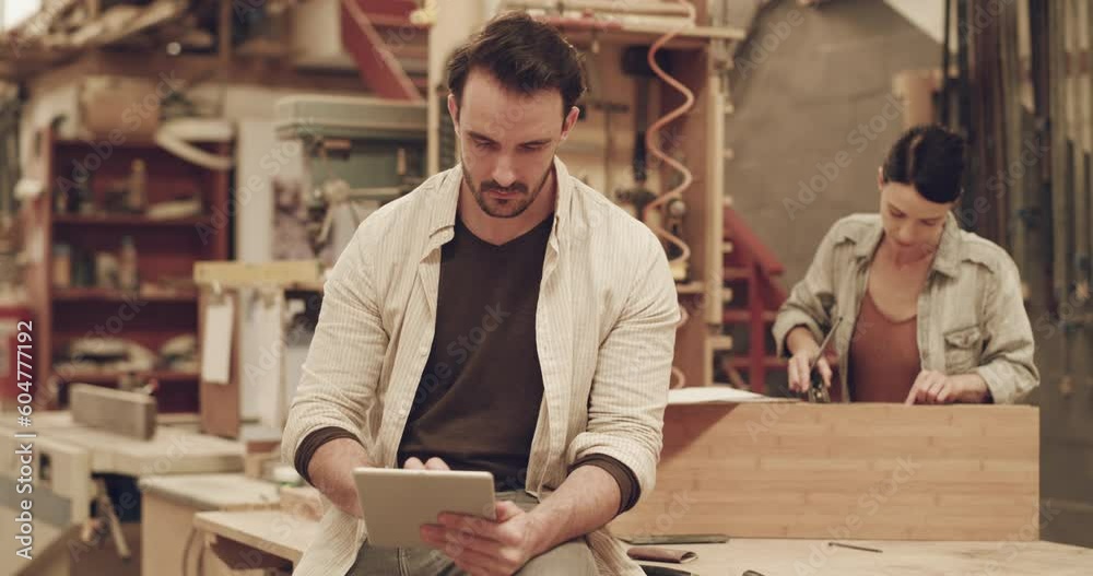Poster man, tablet and small business or carpentry workshop with internet connection. male carpenter with t