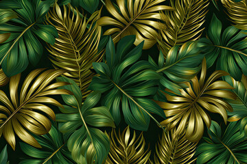 Fototapeta premium Luxury Seamless pattern with gold and green tropical leaves. vector illustration. summer background.AI Generative