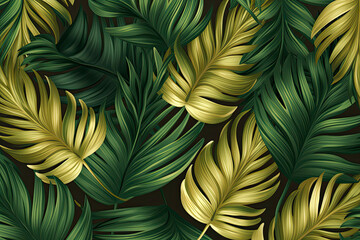 Obraz na płótnie Canvas Luxury Seamless pattern with gold and green tropical leaves. vector illustration. summer background.AI Generative