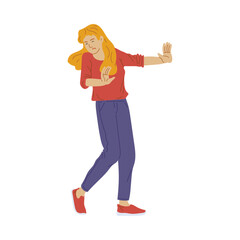 Woman puts hands out in front and turns away flat style