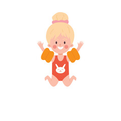 Child girl rejoicing on beach and having fun in water, flat vector isolated.