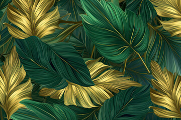 Luxury Seamless pattern with gold and green tropical leaves. vector illustration. summer background.AI Generative