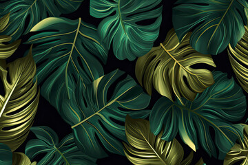 Luxury Seamless pattern with gold and green tropical leaves. vector illustration. summer background.AI Generative