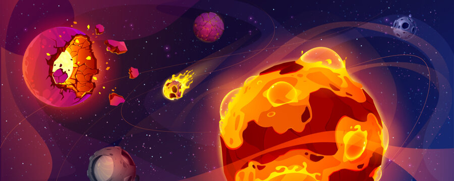 Space background with burning alien planets. Vector cartoon illustration of damaged cosmic bodies on fire, rocky meteorites and hot stones flying in night sky. Apocalypse adventure game backdrop
