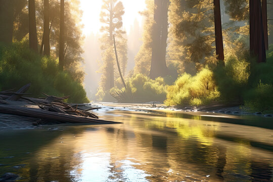 Peaceful river flowing through redwood forest with morning light and dappled sunshine in autumn.AI Generative