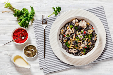 black rice with cream, chicken, mushrooms, almonds