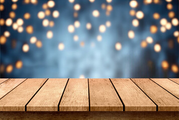 Empty wooden table and bokeh lights with blue wall background. For product display