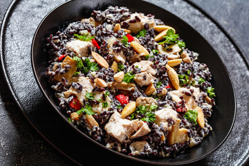 black rice with cream, chicken, mushrooms, almonds