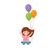 Cheerful baby girl with balloons jumps for joy flat vector illustration isolated.