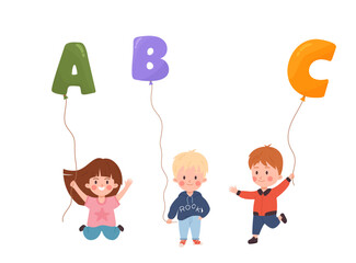 Happy children holding balloons in form of letters A, B, C flat style