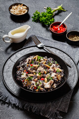 black rice with cream, chicken, mushrooms, almonds