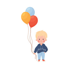 Baby boy with blond hair holding balloons flat vector illustration isolated.