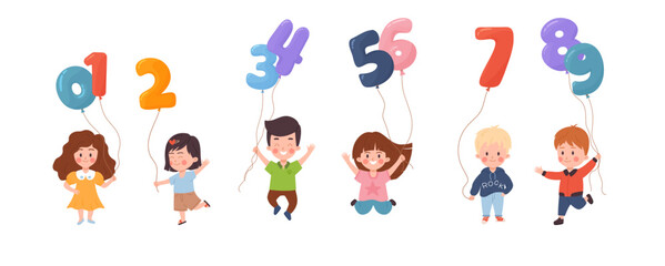 Set of cheerful kids holding balloons in forms of numbers from 0 to 9 flat style