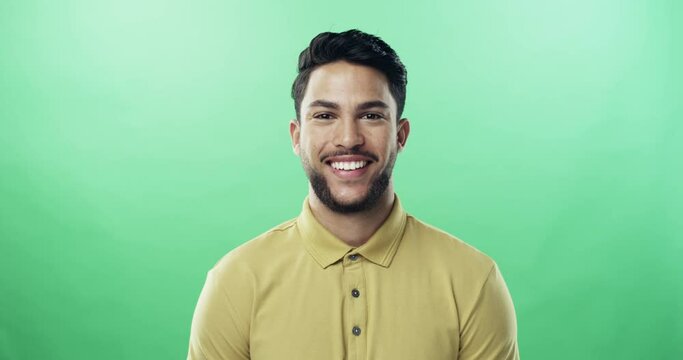Happy, smile and face of man on green screen for confident, casual and pride. Happiness, natural and portrait of male model laughing on studio background with mockup space for excited, funny or youth