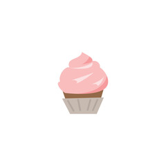 Cupcake with pink cream top, flat cartoon vector illustration isolated.