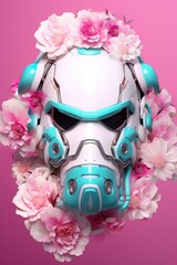 Futuristic robot head white facemask covered in huge blooming spring flowers on pastel pink background. Generated AI.