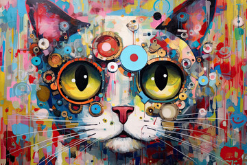   cat portrait painting in multicolored tones. Conceptual abstract painting.AI Generative