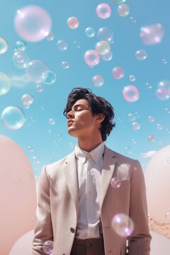 Beautiful man posing with a lot of foam bubbles in the air in pastel desert with blue sky and white clouds and a lot of pastel balloons. Party celebration concept. Generated AI.