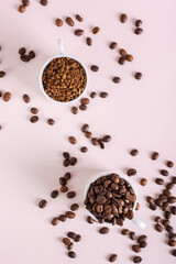 Choice between instant coffee and roasted coffee beans in cups on pink top and vertical view