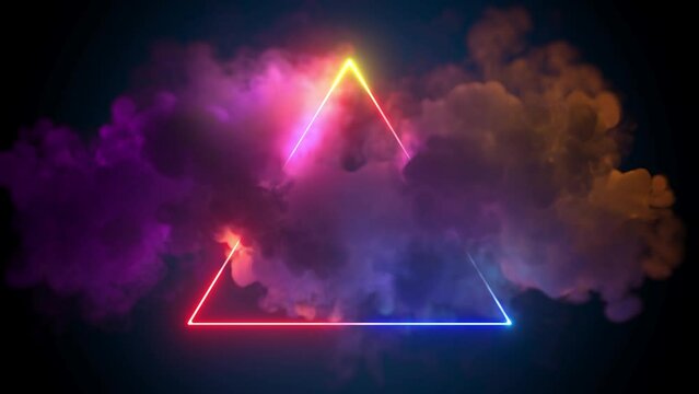 pink yellow blue neon light triangle frame, glowing trigon in cloud, 3d render, glowing geometric shape, abstract minimal background, neon background, illuminated stormy clouds