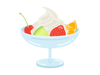 デザートカップにのせた、ソフトクリームとフルーツのイラスト