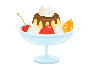 デザートカップにのせた、プリンアラモードのイラスト